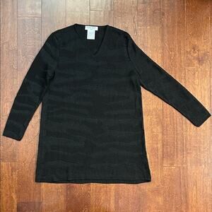 Jaeger Black Shimmer Animal Print V-Neck Long Sleeve Tunic Sweater, Size Medium